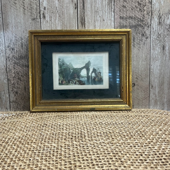 None Other - Vintage Gold Ornate Framed Asian Landscape Print Black Mat Wall Art 7x9